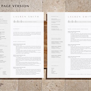 May include: A two-page CV template for a registered nurse. The template features a minimalist design with a light brown background and a simple, clean layout. The CV includes sections for contact information, education, work experience, skills, and interests. The template is designed to be easily customised and printed.