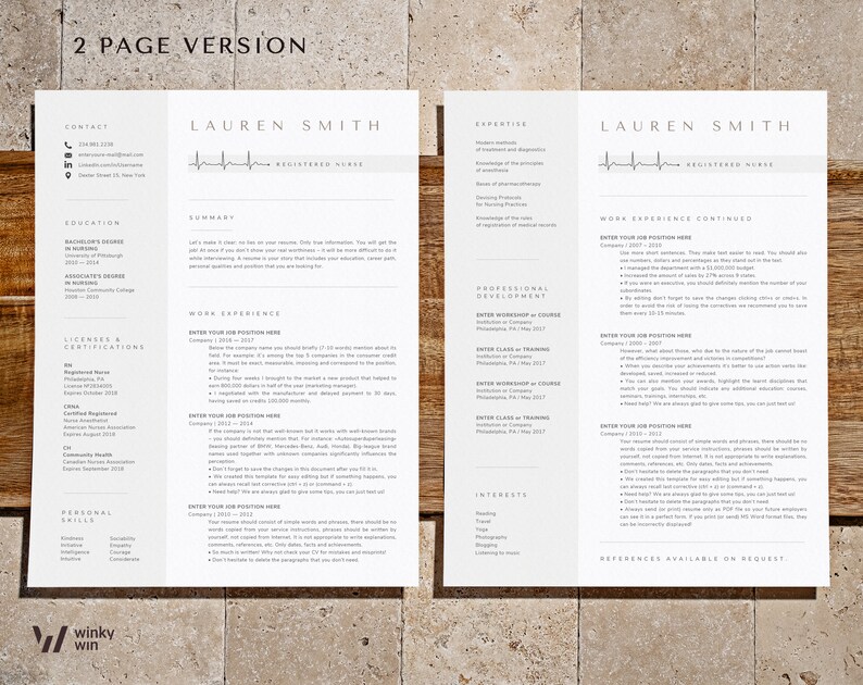 May include: A two-page CV template for a registered nurse. The template features a minimalist design with a light brown background and a simple, clean layout. The CV includes sections for contact information, education, work experience, skills, and interests. The template is designed to be easily customised and printed.
