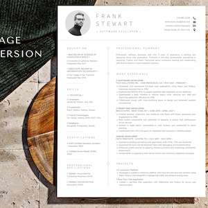 May include: A one-page resume for Frank Stewart, a software developer. The resume includes sections for education, professional summary, work experience, skills, certifications, and professional affiliations. The resume is formatted in a clean and modern style.