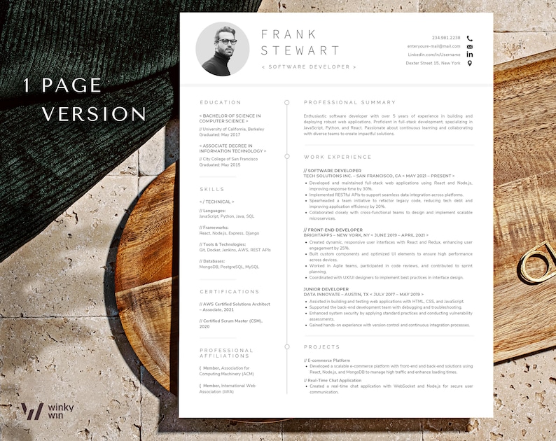 May include: A one-page resume for Frank Stewart, a software developer. The resume includes sections for education, professional summary, work experience, skills, certifications, and professional affiliations. The resume is formatted in a clean and modern style.