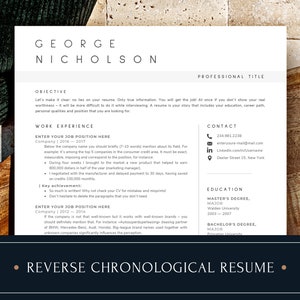 Plantilla de currículum cronológico inverso en Word, currículum de nivel C, plantilla de currículum de director, tipo de currículum más común con logros clave