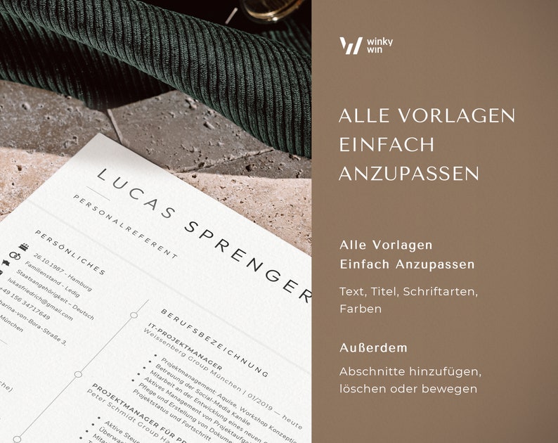 Op de afbeelding: Een cv-sjabloon met de naam Lucas Sprenger bovenaan. Het sjabloon is ontworpen om gemakkelijk aan te passen met tekst, titels, lettertypen en kleuren. De tekst op het sjabloon zegt "Alle sjablonen zijn gemakkelijk aan te passen".