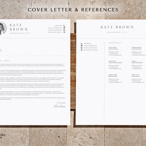 May include: A black and white resume template with a cover letter on the left and a list of references on the right. The cover letter is addressed to Mr. Jones and is signed by Kate Brown. The references include names, titles, companies, phone numbers, and email addresses.
