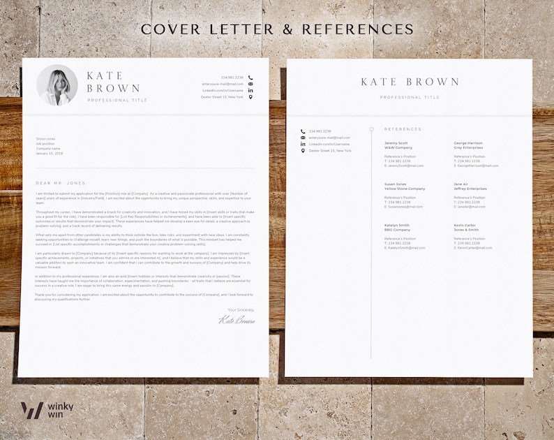 May include: A black and white resume template with a cover letter on the left and a list of references on the right. The cover letter is addressed to Mr. Jones and is signed by Kate Brown. The references include names, titles, companies, phone numbers, and email addresses.