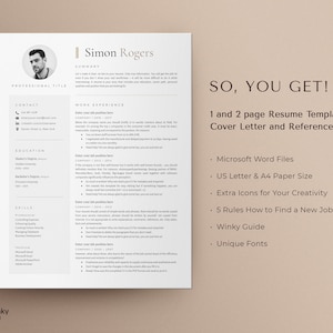 May include: A resume template with a black and white design. The text "SO, YOU GET!" is in large, bold letters. The text below lists the features of the template, including Microsoft Word files, US Letter & A4 paper size, extra icons for creativity, 5 rules how to find a new job, a Winky Guide, and unique fonts.
