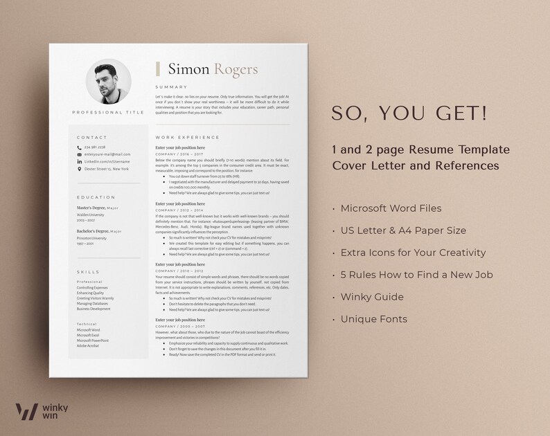 May include: A resume template with a black and white design. The text "SO, YOU GET!" is in large, bold letters. The text below lists the features of the template, including Microsoft Word files, US Letter & A4 paper size, extra icons for creativity, 5 rules how to find a new job, a Winky Guide, and unique fonts.