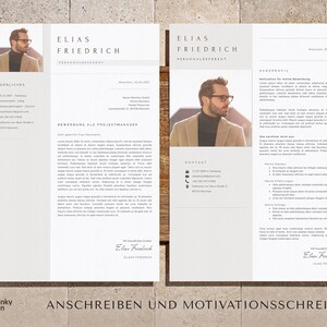 May include: A beige resume template with a professional headshot of a man wearing glasses. The resume includes the applicant's name, contact information, and a section for work experience. The text on the resume reads "Elias Friedrich, Personalreferent".