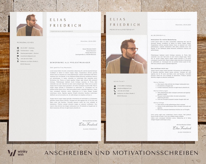 May include: A beige resume template with a professional headshot of a man wearing glasses. The resume includes the applicant's name, contact information, and a section for work experience. The text on the resume reads "Elias Friedrich, Personalreferent".
