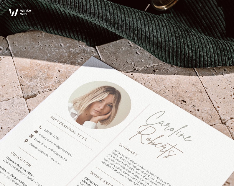 May include: A resume template with a professional headshot of a woman with blonde hair. The resume is titled "Caroline Roberts" and includes a summary, work experience, and education section.