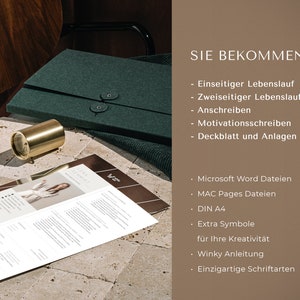 May include: A resume template with the name "Lera Schmidt" printed on a white sheet of paper. A dark green portfolio with two button closures is on the right. A gold-colored cylindrical object is on the left. Text on the right says "SIE BEKOMMEN".