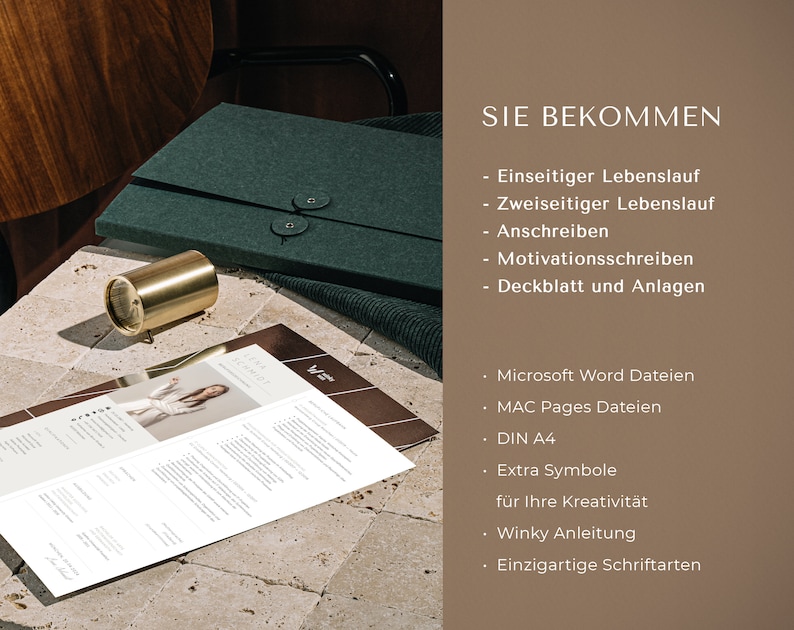 May include: A resume template with the name "Lera Schmidt" printed on a white sheet of paper. A dark green portfolio with two button closures is on the right. A gold-colored cylindrical object is on the left. Text on the right says "SIE BEKOMMEN".