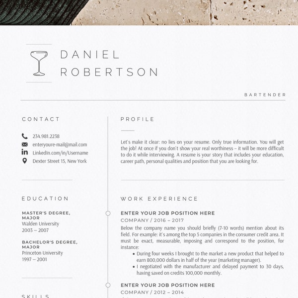 Bartender Resume Template Word, Bar Management Resume, Cv Template for Bartender, Mixologist Restaurant Resume, Barista Resume for Word