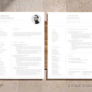 Puede incluir: Plantilla de curr&iacute;culum vitae de dos p&aacute;ginas con un dise&ntilde;o minimalista. El curr&iacute;culum presenta el nombre "Andrew Thompson" en la parte superior, un t&iacute;tulo profesional y secciones para informaci&oacute;n de contacto, educaci&oacute;n, habilidades y experiencia laboral. El dise&ntilde;o es limpio y moderno.
