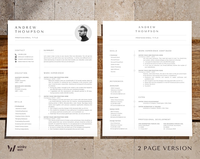 Puede incluir: Plantilla de curr&iacute;culum vitae de dos p&aacute;ginas con un dise&ntilde;o minimalista. El curr&iacute;culum presenta el nombre "Andrew Thompson" en la parte superior, un t&iacute;tulo profesional y secciones para informaci&oacute;n de contacto, educaci&oacute;n, habilidades y experiencia laboral. El dise&ntilde;o es limpio y moderno.