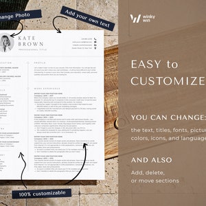 May include: A customizable resume template with a photo placeholder, text boxes for education, skills, work experience, and hobbies. The template is 100% customizable and easy to change the text, titles, fonts, pictures, colors, icons, and language. You can also add, delete, or move sections.