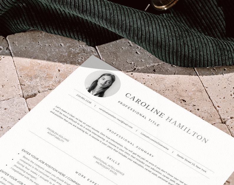May include: A white resume template with a professional headshot of a woman. The resume includes the title "Caroline Hamilton", contact information, a professional summary, skills, and work experience.