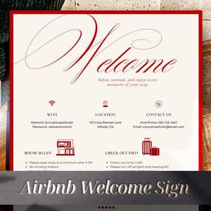 Szablon znaku gościa Airbnb Canva, Nowoczesny czerwony znak powitalny Airbnb, Edytowalny szablon VRBO, Znak powitalny dla gospodarzy na wakacjach, Informacje o wymeldowaniu