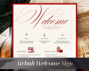 Modern Red Airbnb Welcome Sign Template: Editable Canva VRBO (Digital Download)