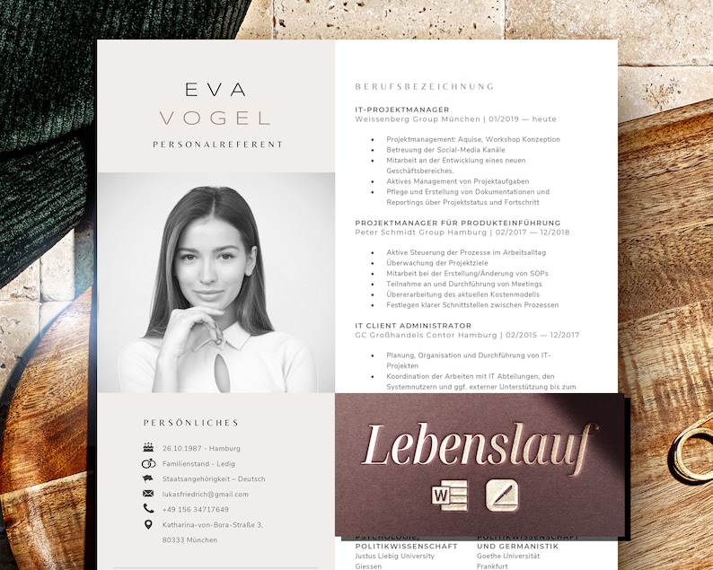 May include: A black and white photo of a woman with her hand on her chin. The text on the page reads "Eva Vogel, Personalreferent". The text also includes a list of job titles and responsibilities, including "IT-Project Manager", "Project Manager for Product Introduction", and "IT Client Administrator".