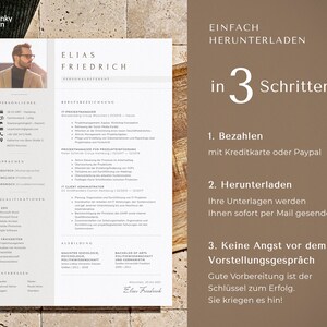 May include: A resume template with a photo of a man in a suit and tie. The resume is titled "Elias Friedrich" and includes sections for personal information, work experience, education, and skills. The text "Einfach Herunterladen in 3 Schritten" is at the top of the page, with instructions for downloading the resume.