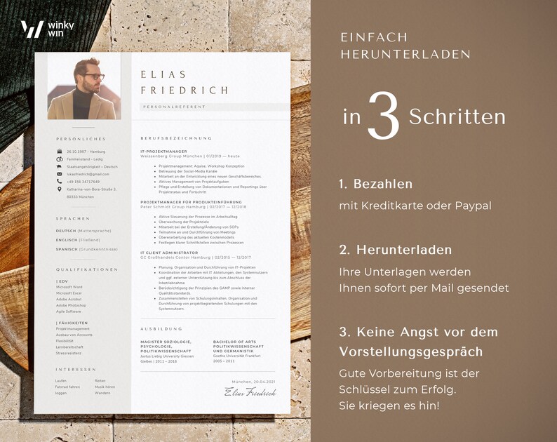 May include: A resume template with a photo of a man in a suit and tie. The resume is titled "Elias Friedrich" and includes sections for personal information, work experience, education, and skills. The text "Einfach Herunterladen in 3 Schritten" is at the top of the page, with instructions for downloading the resume.
