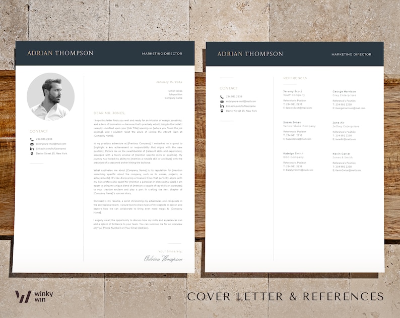 May include: A black and white resume and cover letter with a headshot of a man. The resume includes contact information, work experience, and references. The cover letter is addressed to Mr. Jones and includes a brief introduction and a summary of the applicant's qualifications.