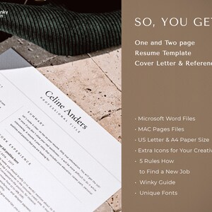 May include: A resume template with a brown background and white text. The text says "So, you get!" and lists the features included in the template, such as Microsoft Word files, MAC Pages files, US Letter & A4 paper size, extra icons for creativity, 5 rules how to find a new job, a Winky Guide, and unique fonts.