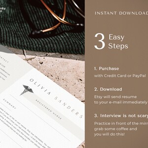 May include: A resume template for a registered nurse with a medical symbol and the text "OLIVIA SANDERS REGISTERED NURSE". The template includes sections for contact information, summary, experience, and skills. The image also includes instructions for purchasing and downloading the resume template.