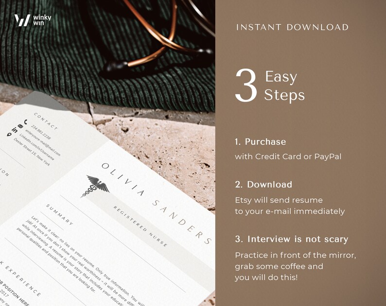 May include: A resume template for a registered nurse with a medical symbol and the text "OLIVIA SANDERS REGISTERED NURSE". The template includes sections for contact information, summary, experience, and skills. The image also includes instructions for purchasing and downloading the resume template.