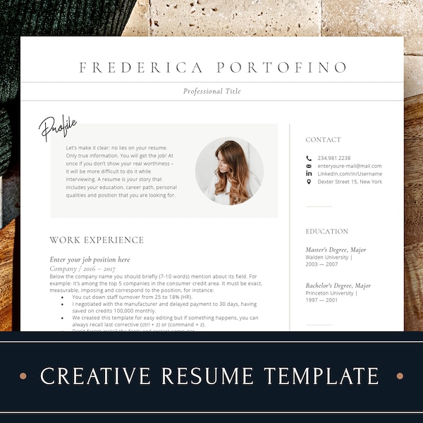 Creative Resume Template, Cv Template Instant Download, Professional Resume Template With Photo, Resume Template Word + Pages, Modern Resume