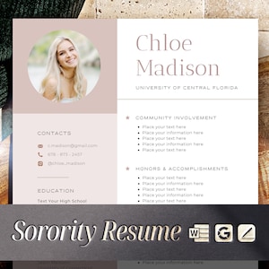 Sorority Resume Template Word + Google Docs Rush Resume Template, Sorority Rush Resume Word, Resume for Sorority Recruitment Pack, Social Cv