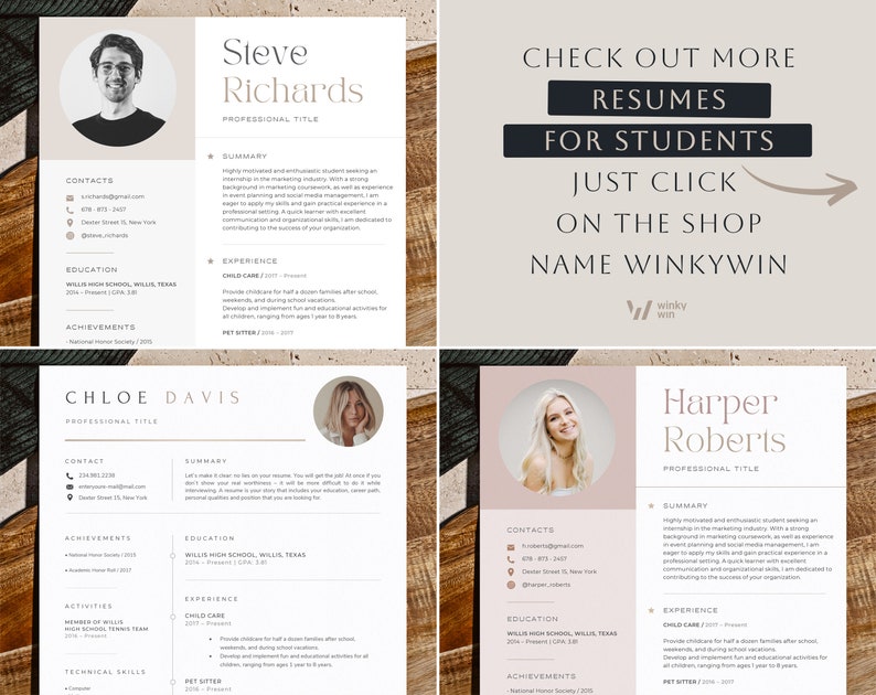 May include: A digital resume template set featuring three distinct layouts with placeholders for names, contact details, summaries, education, and experience. The text reads: CHECK OUT MORE RESUMES FOR STUDENTS JUST CLICK ON THE SHOP NAME WINKYWIN.