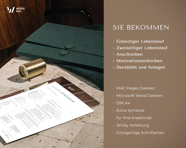 Op de afbeelding: Een wit cv-sjabloon met de tekst "LUCAS SPRENGER" in zwart. Het cv ligt op een bruin oppervlak met een groene viltmap en een gouden metalen voorwerp.