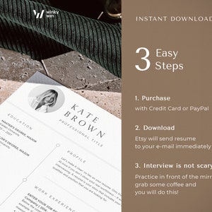 May include: A resume template with a brown background and white text. The template includes a photo of a woman, a profile section, and a work experience section. The text on the template says "Kate Brown, Professional Title". The text on the template also says "Easy Steps" and lists three steps: "Purchase with Credit Card or PayPal", "Download Etsy will send resume to your e-mail immediately", and "Interview is not scary Practice in front of the mirror, grab some coffee and you will do this!"