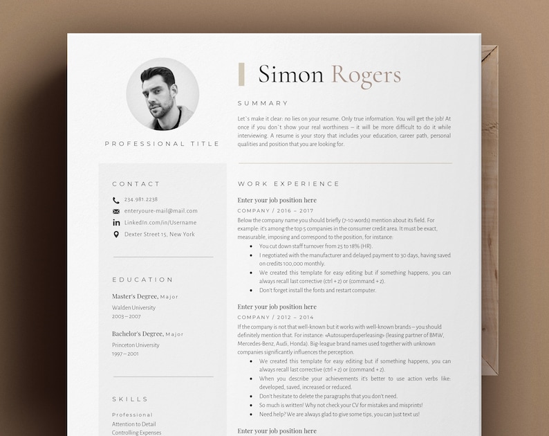 May include: A black and white resume template with a professional headshot of a man. The resume includes a summary, contact information, work experience, education, and skills sections. The text on the resume is in a simple, clean font.