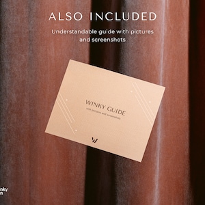 May include: A rectangular beige instructional card titled WINKY GUIDE with pictures and screenshots. The card features thin white lines, small star icons, and a W logo at the bottom. The text ALSO INCLUDED Understandable guide with pictures and screenshots appears above the card.