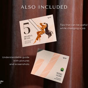 May include: Two rectangular informational cards with beige backgrounds. The top card features the text 5 HELPFUL RULES and an illustration of a person on a swing. The bottom card displays the text WINKY GUIDE with a small green tennis ball graphic.