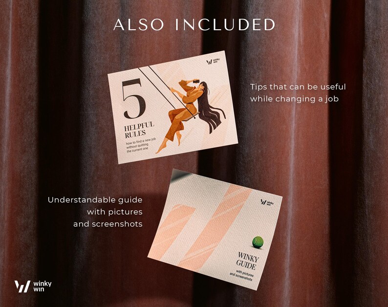 May include: Two rectangular informational cards with beige backgrounds. The top card features the text 5 HELPFUL RULES and an illustration of a person on a swing. The bottom card displays the text WINKY GUIDE with a small green tennis ball graphic.