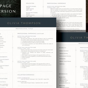 Pode incluir: Um modelo de curr&iacute;culo em preto e branco com o t&iacute;tulo "3 Page Version" no topo. O curr&iacute;culo &eacute; para Olivia Thompson e inclui se&ccedil;&otilde;es para habilidades, realiza&ccedil;&otilde;es, certifica&ccedil;&otilde;es, experi&ecirc;ncia de voluntariado, refer&ecirc;ncias e experi&ecirc;ncia profissional. O curr&iacute;culo est&aacute; formatado com um fundo cinza escuro e texto branco.