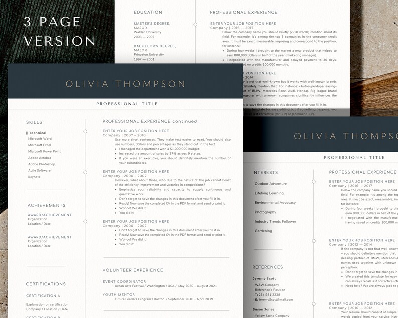 Pode incluir: Um modelo de curr&iacute;culo em preto e branco com o t&iacute;tulo "3 Page Version" no topo. O curr&iacute;culo &eacute; para Olivia Thompson e inclui se&ccedil;&otilde;es para habilidades, realiza&ccedil;&otilde;es, certifica&ccedil;&otilde;es, experi&ecirc;ncia de voluntariado, refer&ecirc;ncias e experi&ecirc;ncia profissional. O curr&iacute;culo est&aacute; formatado com um fundo cinza escuro e texto branco.