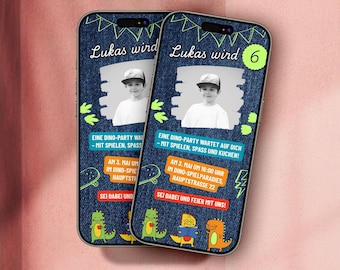 Kindergeburtstag Einladungskarte per WhatsApp - Dino, Einladungskarten zum 4, 5, 6, 7, 9 Geburtstag Junge, Einladung mit foto, Canva Vorlage