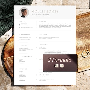 May include: A resume template with the name "Mollie Jones" and the title "High School Student" in a minimalist design. The resume includes sections for contact information, achievements, activities, technical skills, and volunteer work. The image also includes the text "2 Formats".