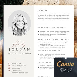 Op de afbeelding: Een cv-sjabloon voor een studentenvereniging met een foto van een lachende vrouw. Het cv bevat secties voor samenvatting, gemeenschapsbetrokkenheid, onderscheidingen, clubs, werkervaring en opleiding. Het Canva Sorority Resume-logo is zichtbaar.