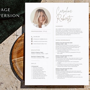 May include: A resume template with a professional headshot of a woman. The template includes sections for professional title, summary, education, work experience, and skills. The resume is designed in a minimalist style with a white background and black text.