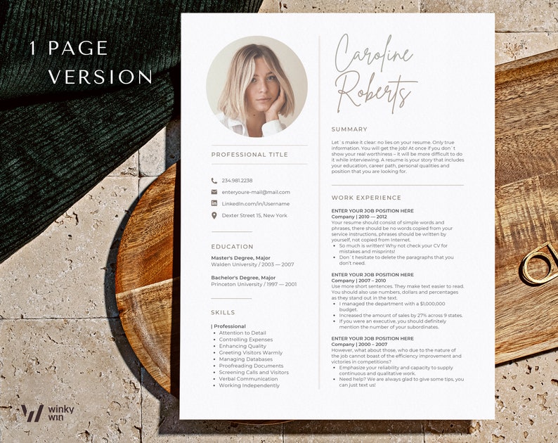 May include: A resume template with a professional headshot of a woman. The template includes sections for professional title, summary, education, work experience, and skills. The resume is designed in a minimalist style with a white background and black text.