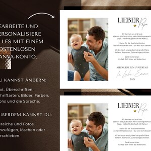Może przedstawiać: Cyfrowa kartka na Dzień Ojca ze zdjęciem ojca i dziecka. Karta zawiera tekst w języku niemieckim, w tym "Lieber Papa" i "Alles Liebe zum Vatertag." Karta wspomina r&oacute;wnież Canva.