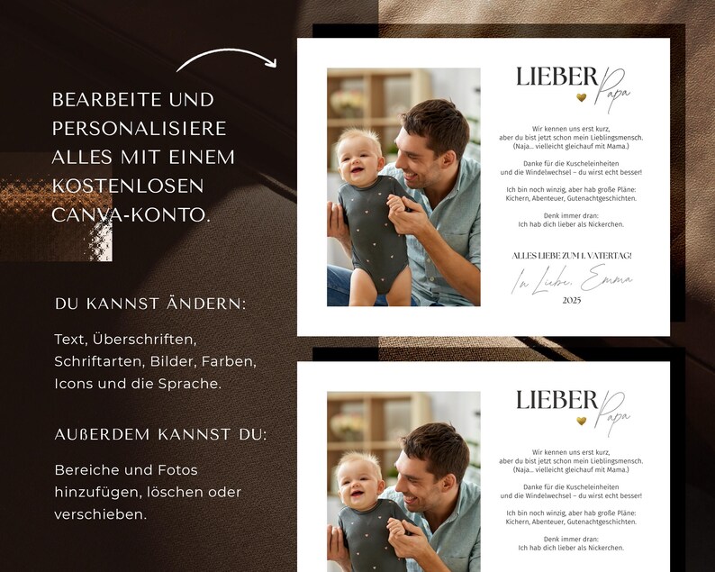 Może przedstawiać: Cyfrowa kartka na Dzień Ojca ze zdjęciem ojca i dziecka. Karta zawiera tekst w języku niemieckim, w tym "Lieber Papa" i "Alles Liebe zum Vatertag." Karta wspomina r&oacute;wnież Canva.