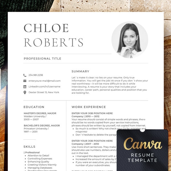 Canva Resume Template + Word Template for Resume Cv Template, Easy Resume Cover Letter Template, Simple Modern Creative Resume Cv with photo
