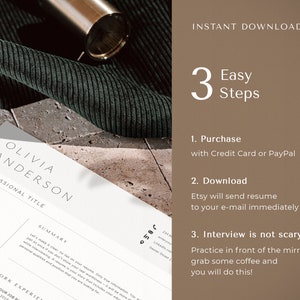 May include: A minimalist resume template with the name "Olivia Anderson" is displayed on a stone surface. The text "Instant Download" and "3 Easy Steps" are visible. A gold pen and green fabric are also in the image.
