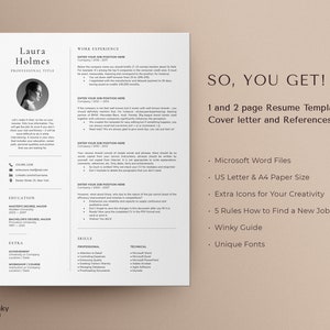 K&ouml;nnte beinhalten: Eine Lebenslaufvorlage in einem wei&szlig;en und grauen Farbschema mit dem Text "SO, YOU GET!" in Schwarz. Der Text darunter listet die Funktionen der Vorlage auf, darunter Microsoft Word-Dateien, US Letter & A4 Papierformat, zus&auml;tzliche Symbole f&uuml;r Kreativit&auml;t, 5 Regeln, wie man einen neuen Job findet, ein Winky-Guide und einzigartige Schriftarten.